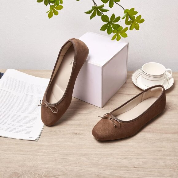 Women's A-brown Polyurethane Round Toe Comfortable Bow Ballet Flats Shoes - Picture 5 of 7